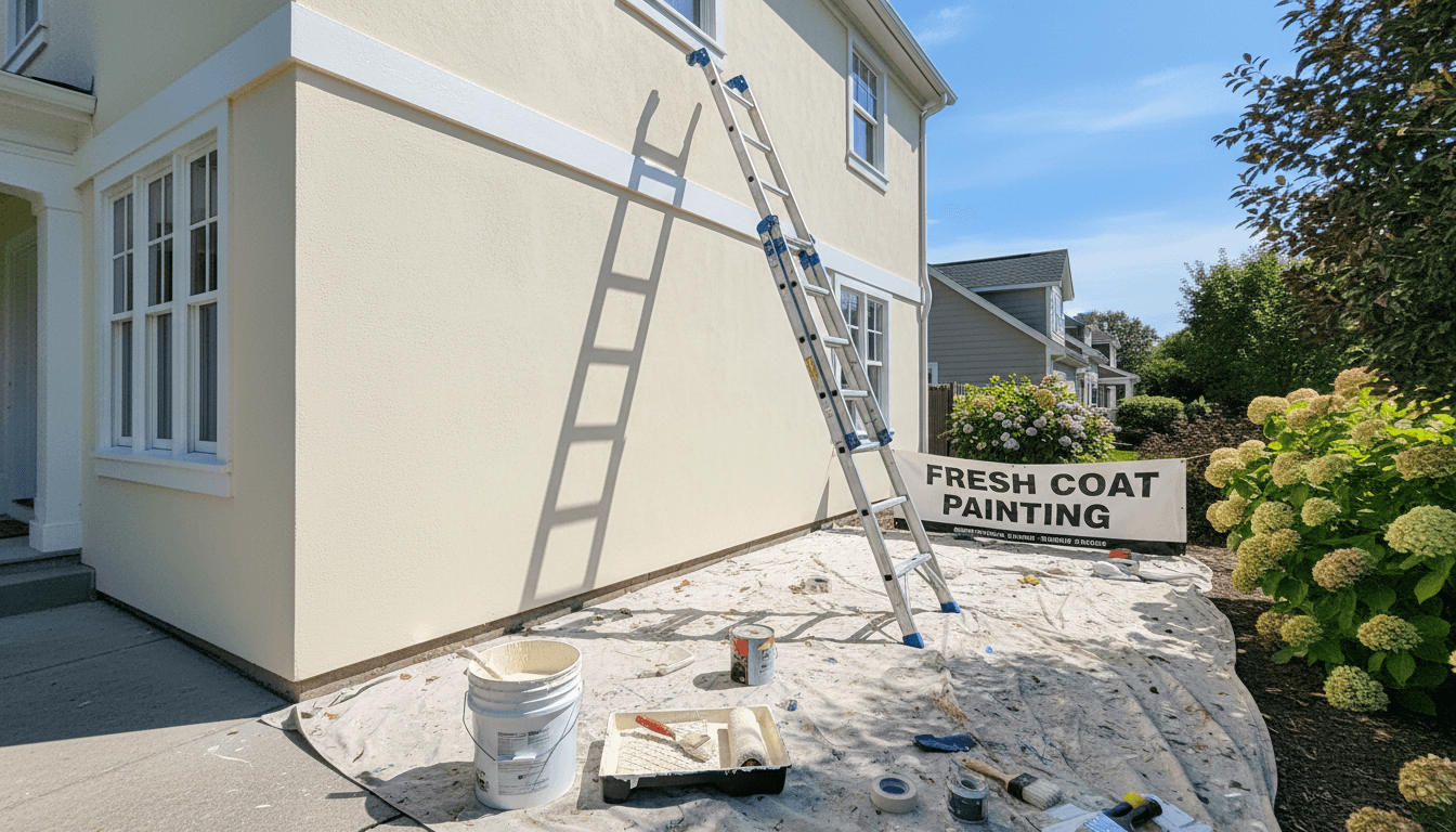 Freshly painted exterior house wall with ladder and paint supplies