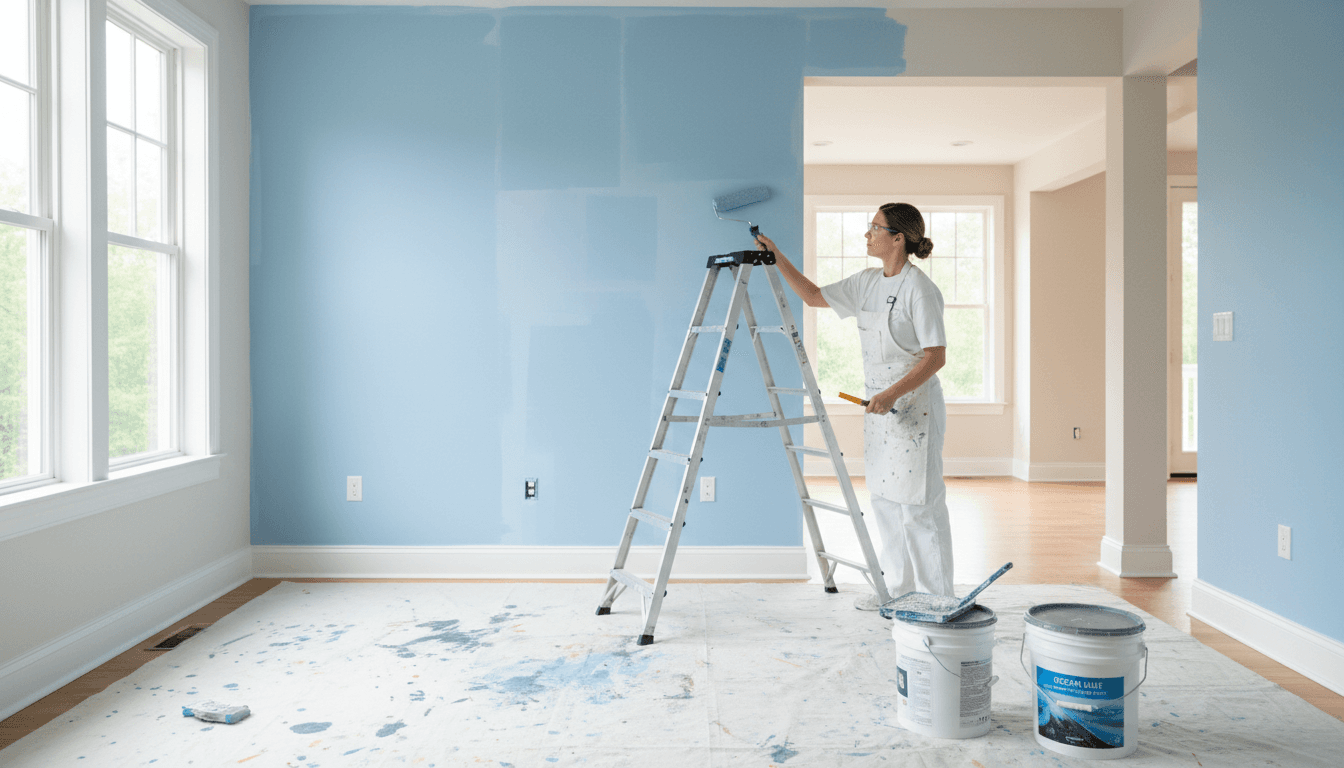 Professional painter applying paint with a roller on an interior wall
