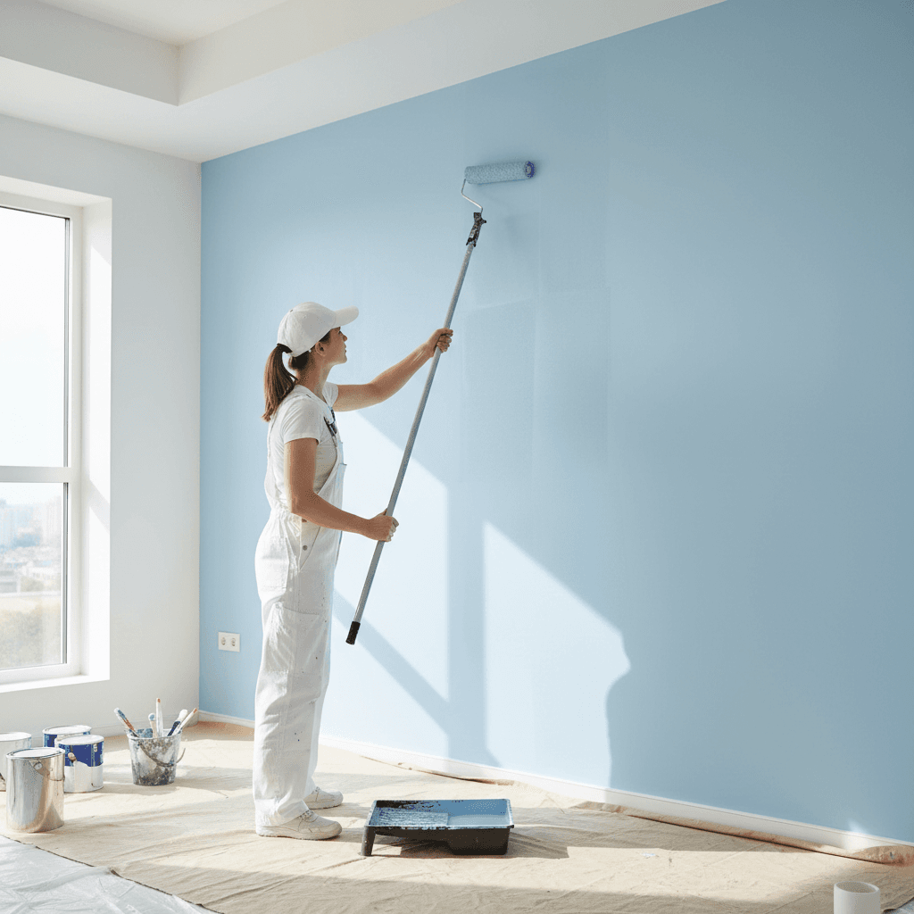 Painter applying paint with roller to a wall in a bright room