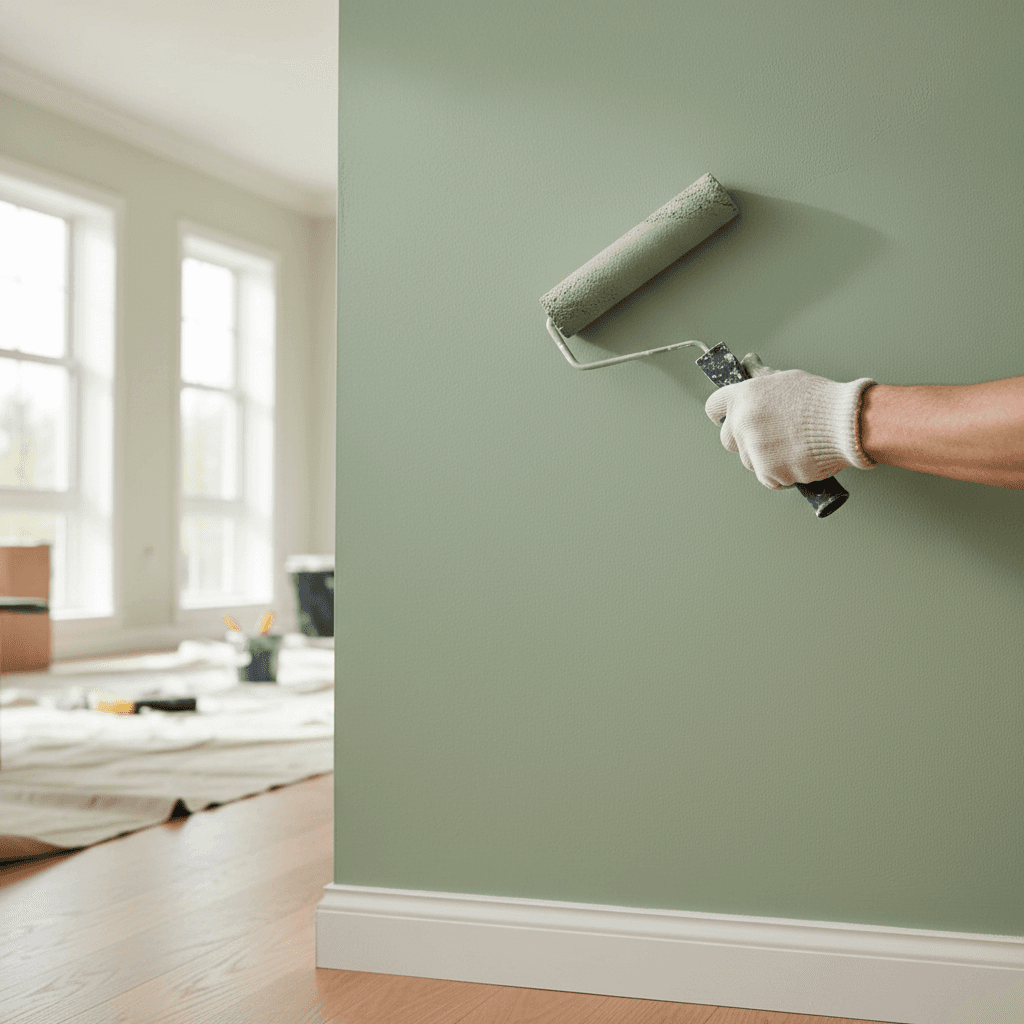 Painter applying paint with a roller to an interior wall