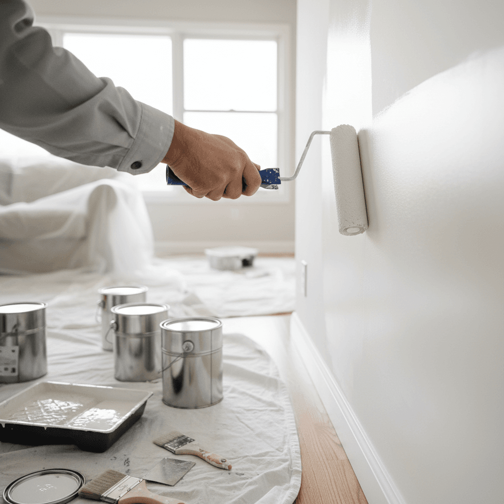 Professional painter rolling paint onto an interior wall