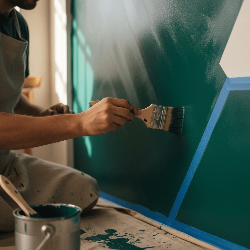 Painter sanding a wall before applying paint in a bright room