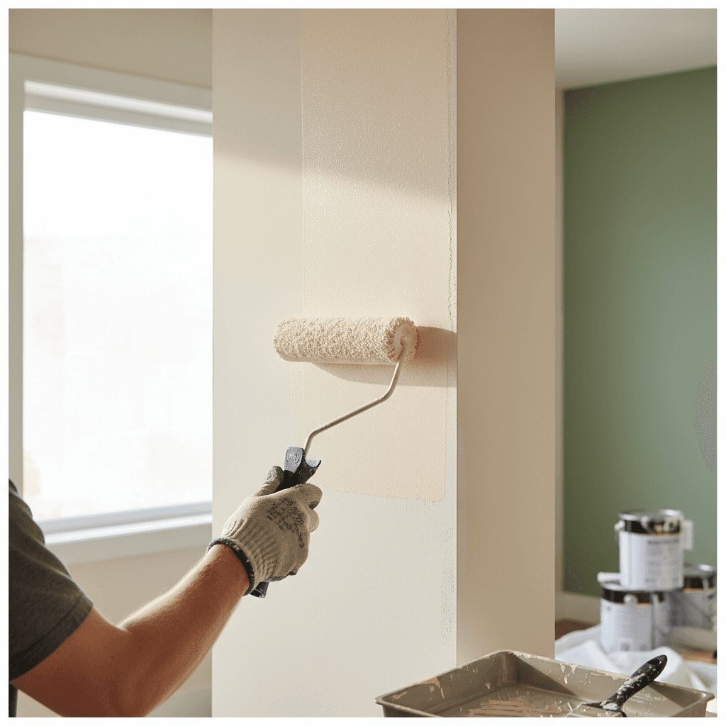 Professional painter applying paint to an interior wall with a roller