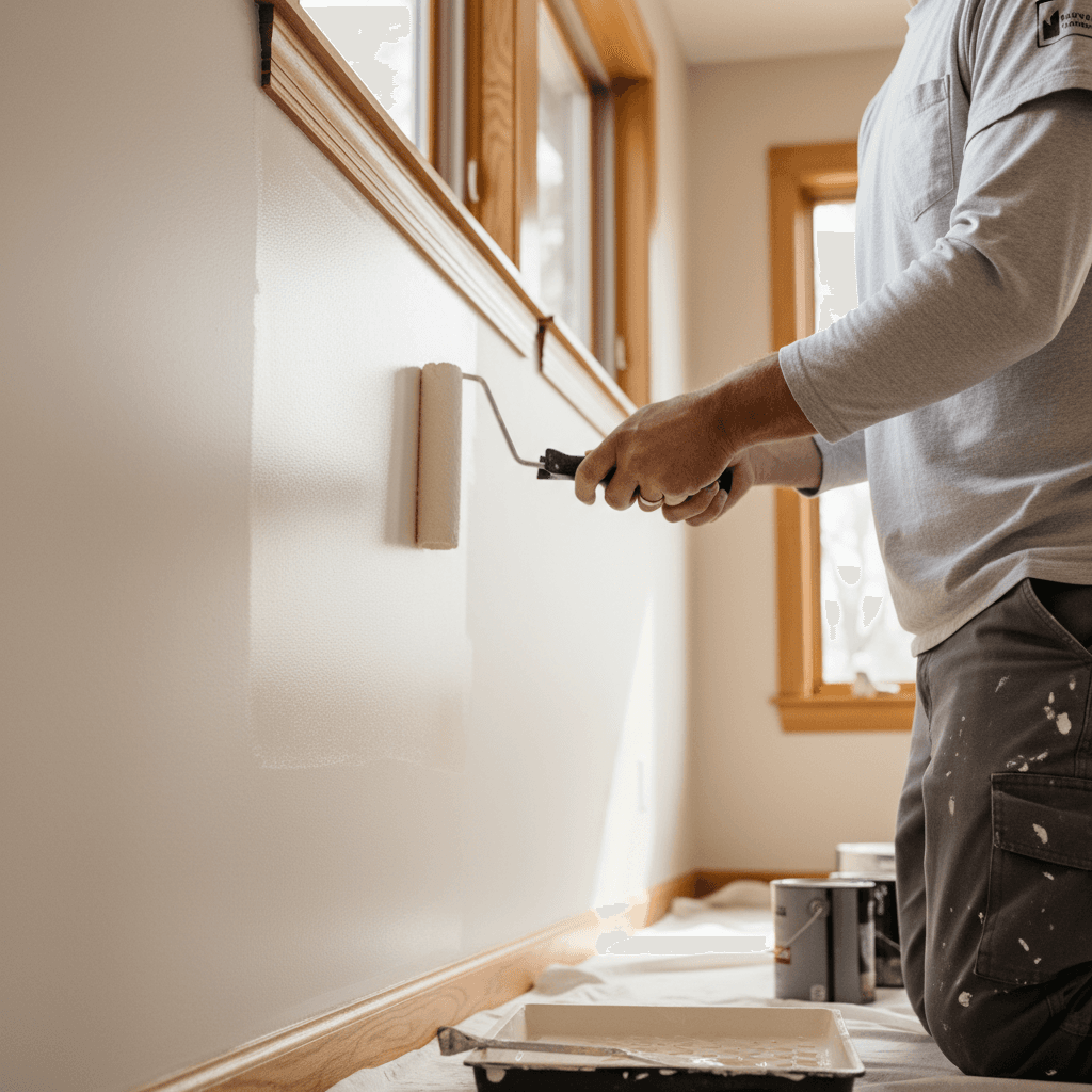 Professional painter painting interior wall with roller in bright modern home