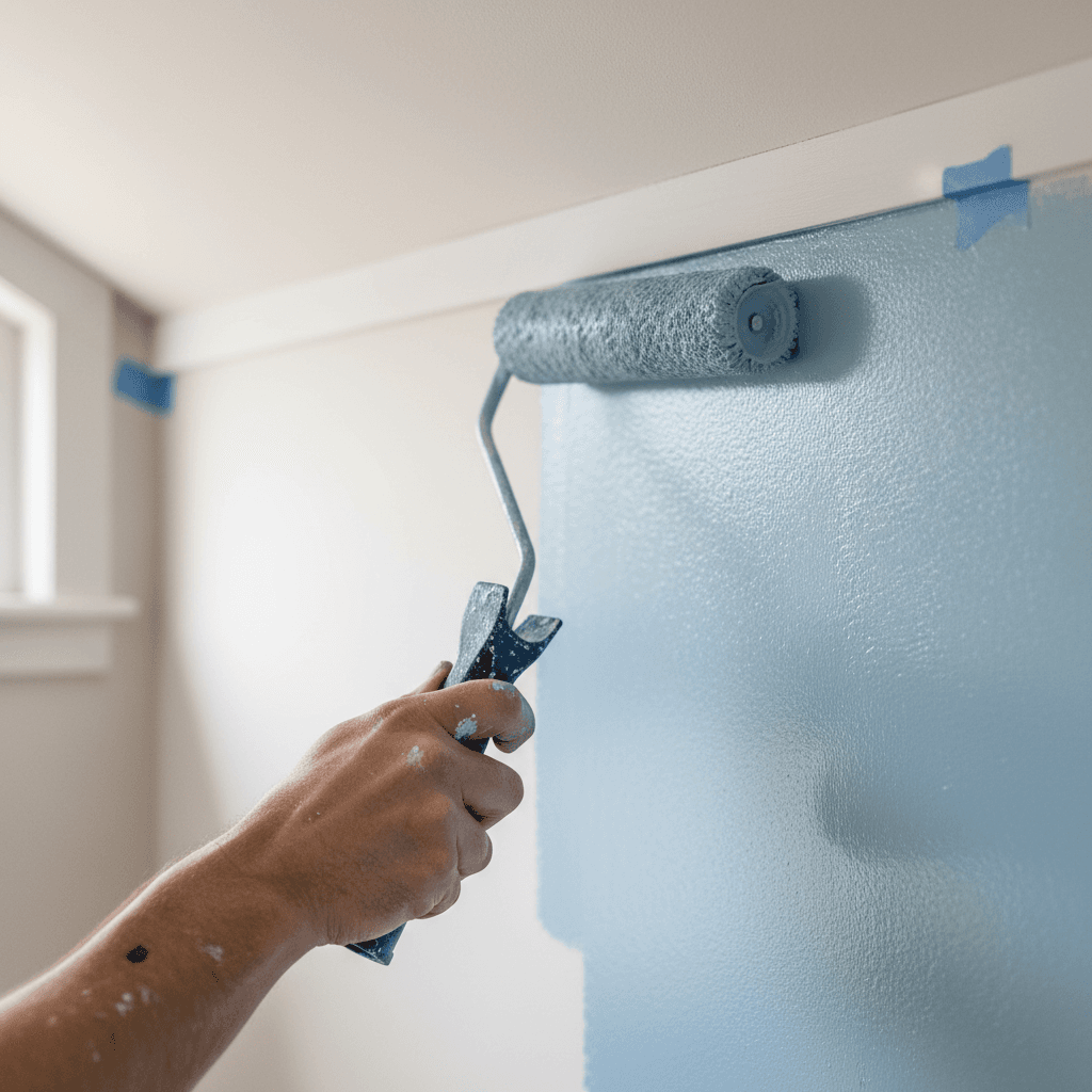 Painter rolling fresh paint onto an interior wall with a neat finish